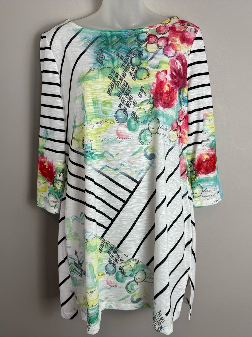 Chico's Zenergy Watercolor Floral Striped Tuscan Europe Tunic Top Size M